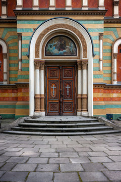 Arched entrance to Cathedral of Alexander Nevsky. Lodz, Poland