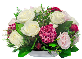 Bouquet, with white, pink, yellow roses and purple hortensia