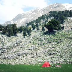 Red tent, pine trees and rocks. Valley near Tahtali Dagi, Turkey