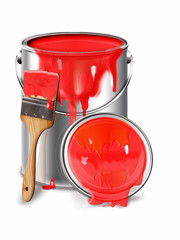 Farbtopf mit roter Farbe und Pinsel, freigestellt