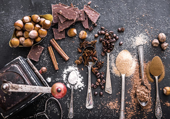 Sweet spices  and chocolate on a table 