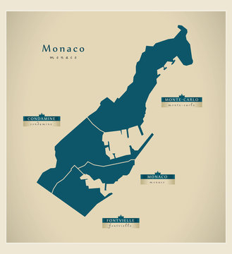 Modern Map - Monaco with detailed districts MC