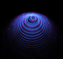 Render of the abstract cone shape with multi colored bright spots of dust. Surface of the cone is twisted like a swirl. The main colors of the image is a cold blue and purple.