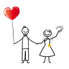 Frisch verheiratet, Trauung, Hochzeit, Heirat, Brautpaar mit Herzluftballon - Herz, Strichfiguren