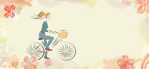 Girl riding a bicycle. Woman on a bike on flower watercolor background
