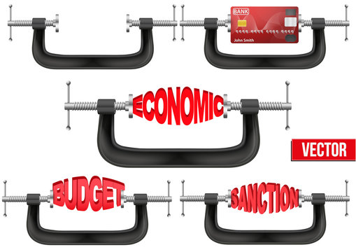 Set of Economy and budget being squeezed in a vice.