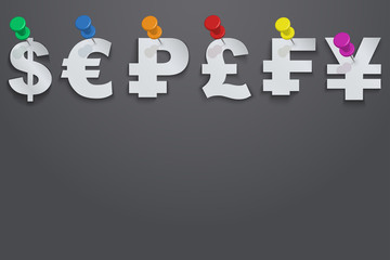 Background of Currency symbols pinned pushpin