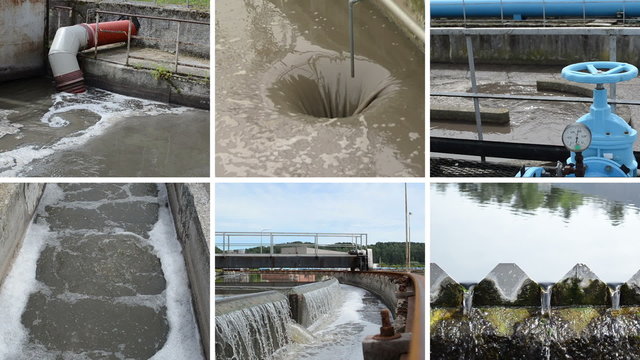 Sewage water treatment plant. Blue stopcock valve. Clip collage