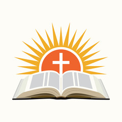 Bible, sunset and cross. Church logo concept. Isolated on white - 84394896