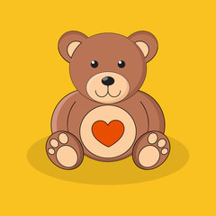 Cute brown teddy bear with red heart on yellow background.