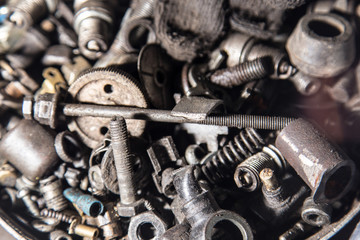 Detail of different metallic bolts and nuts