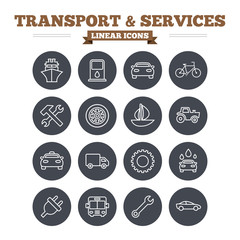 Transport and services linear icons set. Thin outline signs