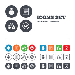 Bank loans icons. Fill document and get money.