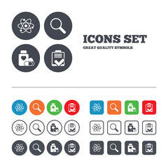 Medical icons. Atom, magnifier glass, checklist.