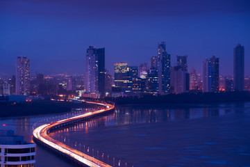 Panama City Night Skyline View Of Traffic Cars On Highway
