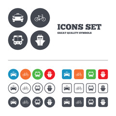 Transport icons. Taxi car, Bicycle, Bus and Ship