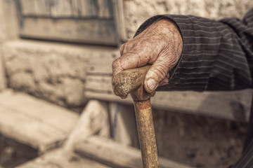 Old Man Hand with cane - obrazy, fototapety, plakaty