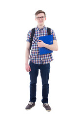 portrait of handsome teenage boy with backpack and book isolated