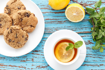 lemon tea mint fresh drink raisin cookies summer refreshment still life
