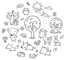 Cartoon Forest Set, Black and White