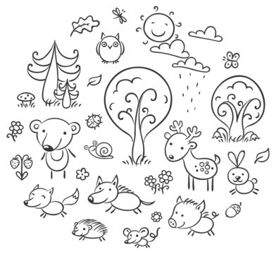 Cartoon Forest Set, Black and White