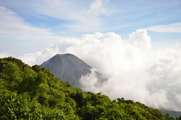 The peak of the active and young Izalco volcano covered by clouds