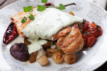 Grilled chicken steak in gorgonzola sauce