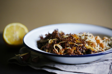Pulled beef meat with wild rice and chickpeas, cuban cuisine - 84404869