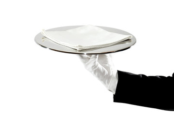 Kellner serviert mit Tablett mit Stoff Serviette, Freisteller