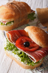 Sandwiches with ham, cream cheese and vegetables vertical
