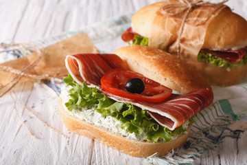 Sandwiches with jamon, cheese and vegetables closeup horizontal
