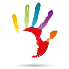 Conceptual abstract human child hand paint man face