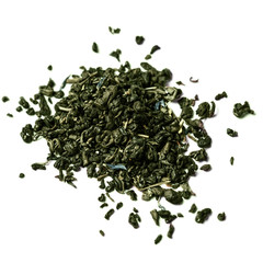 ..Aromatic black dry tea leaf with petals isolated on a white ba