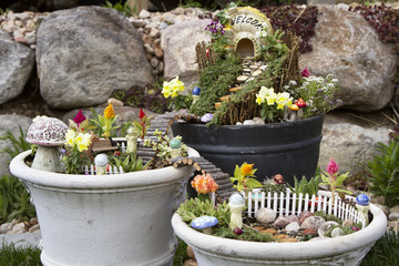 Fairy garden in a flower pot outdoors