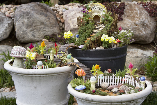 Fairy Garden In A Flower Pot Outdoors