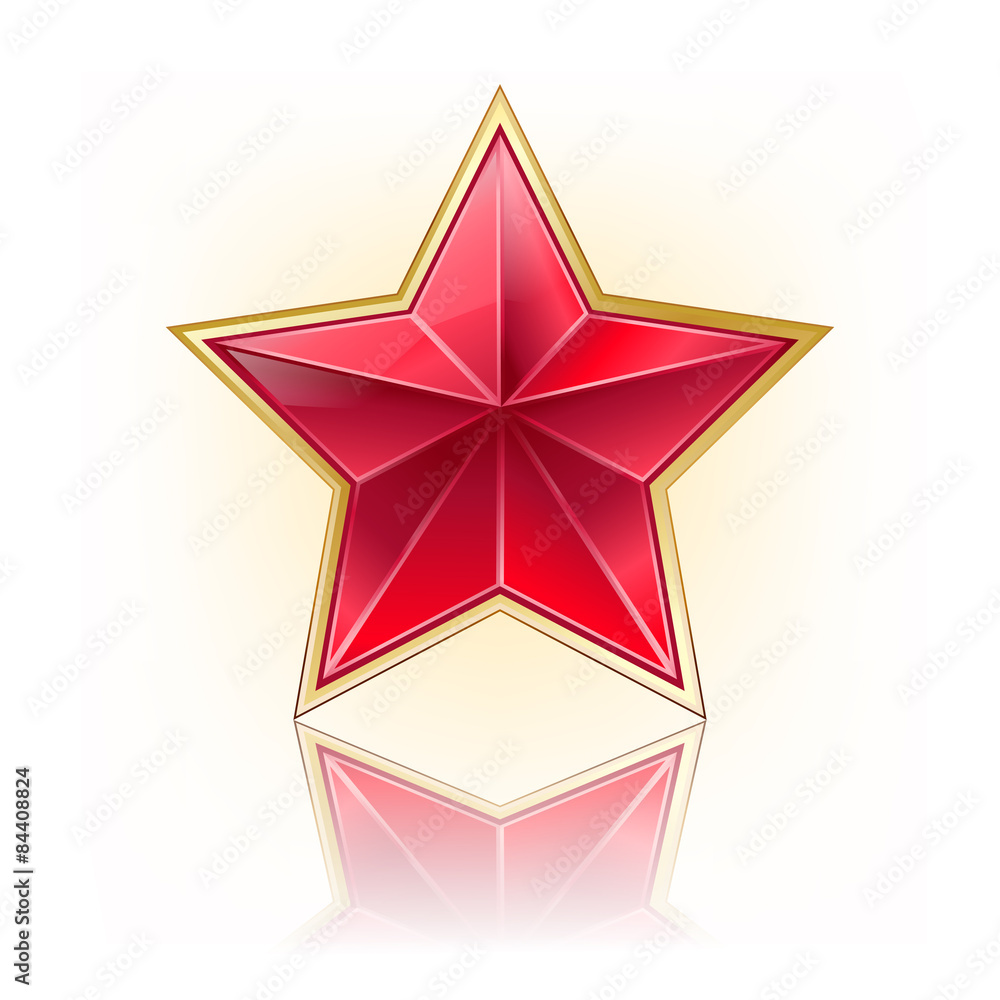 Canvas Prints red five corner star with golden border on white with reflection