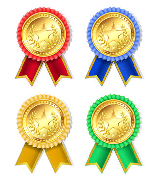set of retro golden award with stars and ribbons