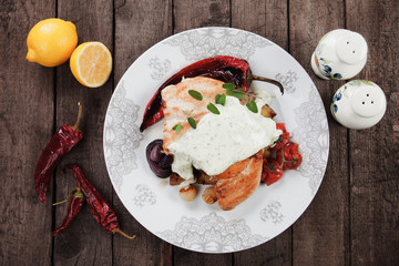 Grilled chicken steak in gorgonzola sauce