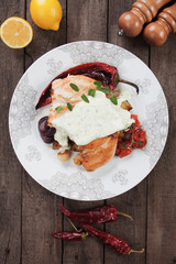 Grilled chicken steak in gorgonzola sauce