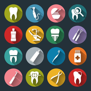 Set of vector Dental Icons in flat style with long shadows.