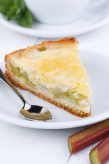 Tasty slice of rhubarb pie on white wooden table.
