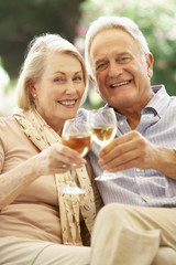 Portrait Of Senior Couple Relaxing On Sofa With Glass Of Wine
