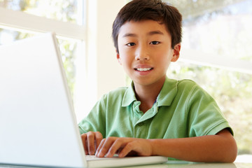 Young Asian boy using laptop