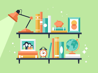 Books on bookshelf in flat modern style © girafchik