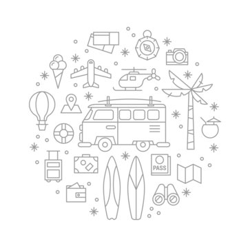 Summer holiday vacation thin line icons