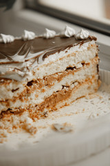 Tasty chocolate cake cheese cake on plate