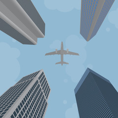 Airplane flying over skyscrapers. EPS10.