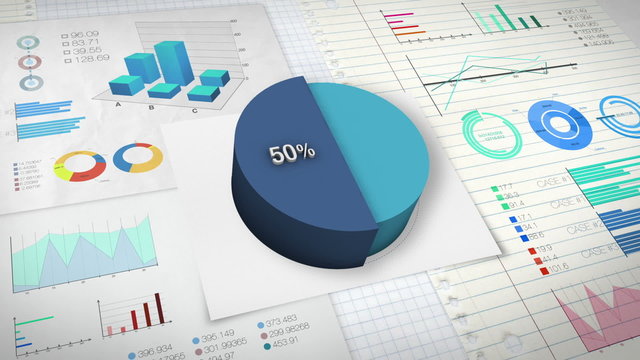 50 percent Pie chart with various economic finances graph.