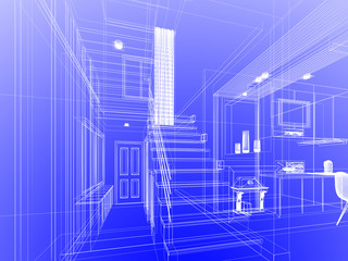 sketch design of stair hall ,3dwire frame render   