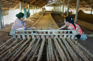 Asian worker, coir mat , Vietnamese, coconut fiber